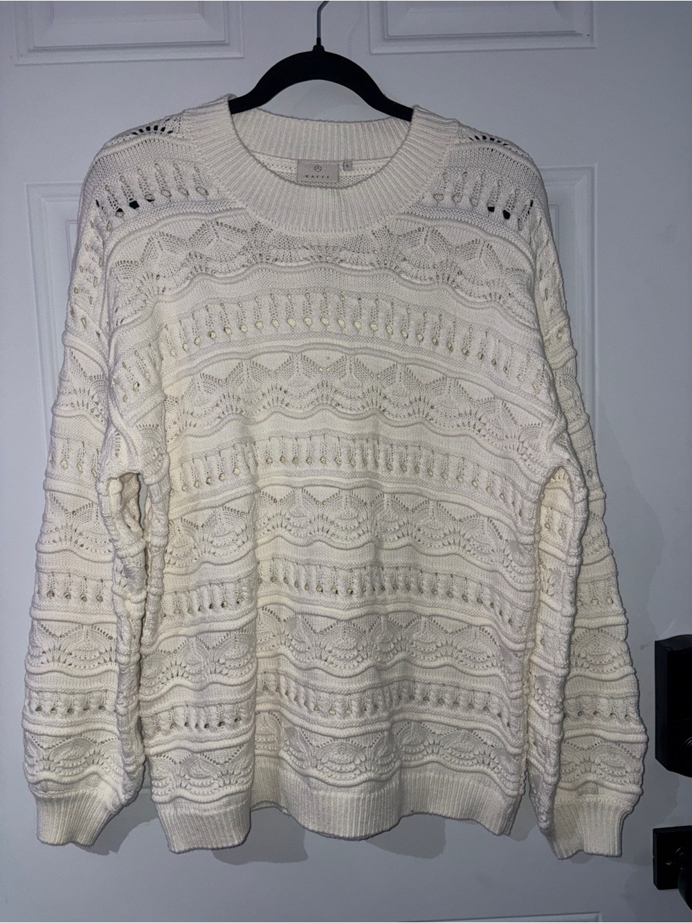 Light Cream Open-Knit Crewneck Sweater by Unknown Brand